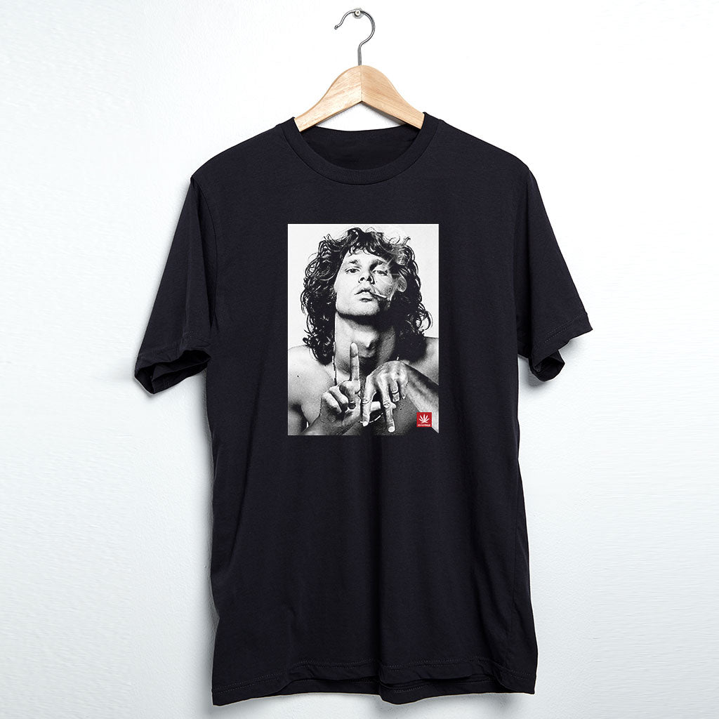 StonerDays Jim La men's black cotton t-shirt with graphic print, front view on hanger