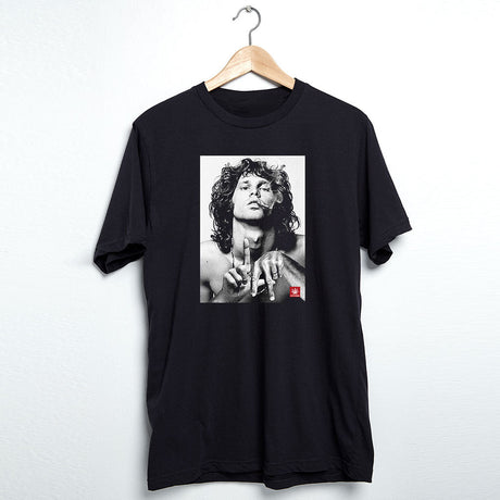 StonerDays Jim La men's black cotton t-shirt with graphic print, front view on hanger