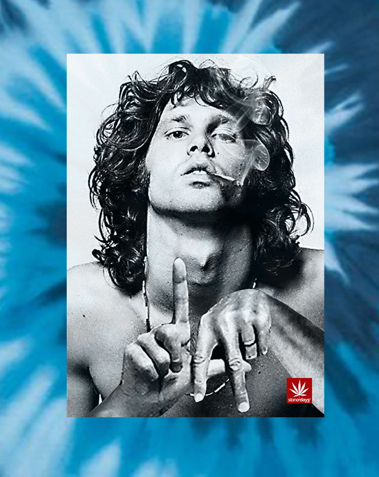 StonerDays Jim La Blue Tie Dye T-Shirt with iconic print, front view on a tie-dye background