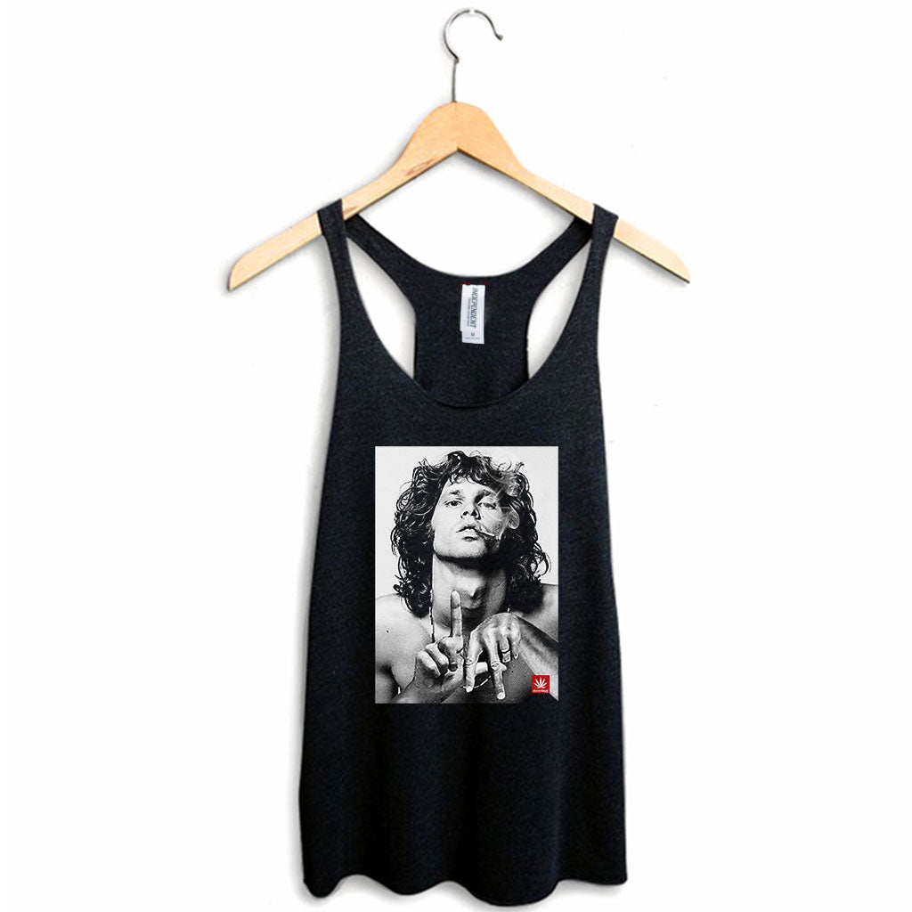 StonerDays Jim La Women's Racerback Tank Top in Black, Sizes S-2XL, Front View on Hanger