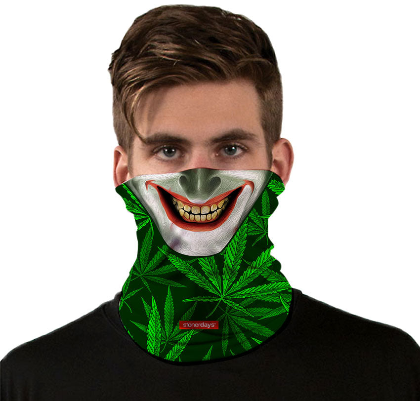 StonerDays Joker Grin Neck Gaiter with Cannabis Leaf Design - Front View