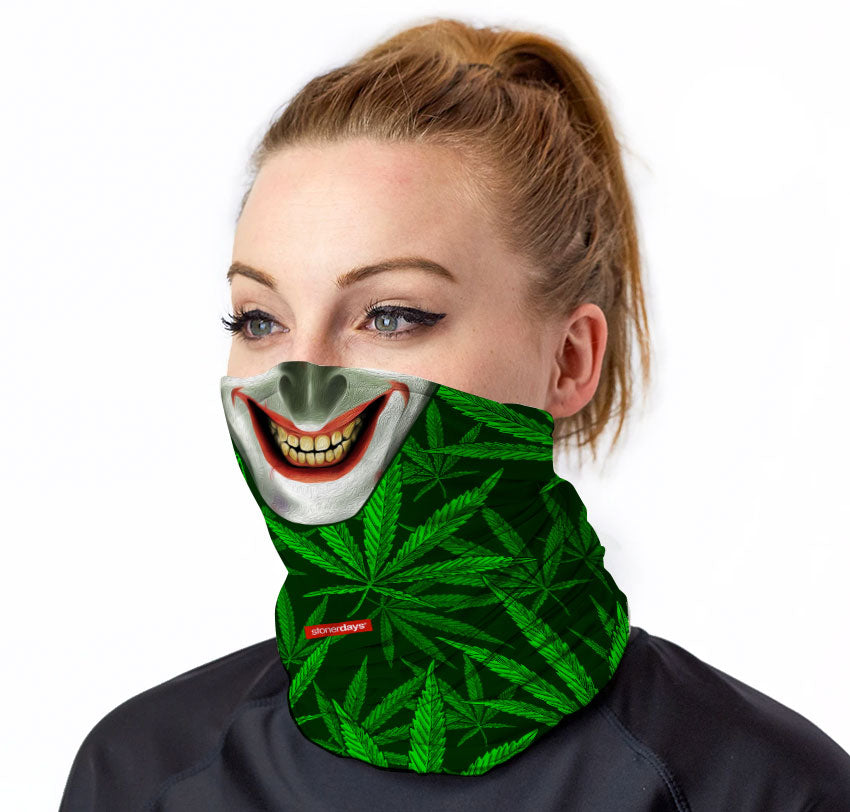 StonerDays Joker Grin Neck Gaiter with cannabis leaf design, front view on model