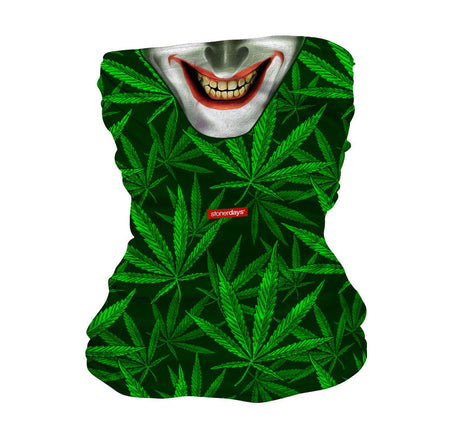StonerDays Joker Grin Neck Gaiter featuring cannabis leaf pattern and a grinning face, made with polyester.