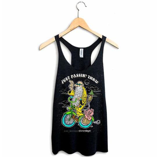 StonerDays Just Passing Through Racerback Tank, Women's, Black Cotton Blend, Front View
