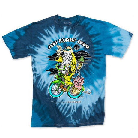 StonerDays Just Passing Through Tee with vibrant rainbow tie-dye design, front view on white background