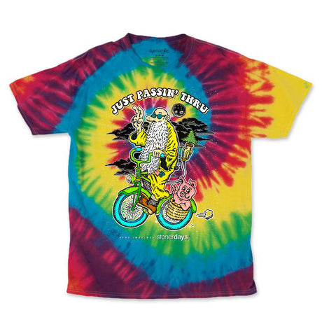 StonerDays Just Passing Through Tee with vibrant rainbow tie-dye pattern and unique front print, available in multiple sizes.