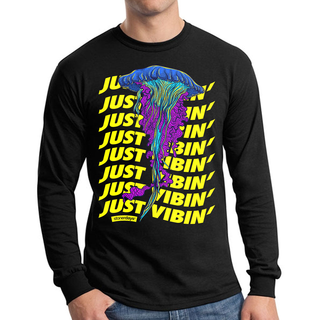 StonerDays Just Vibin' Long Sleeve Shirt, Black Cotton, Front View on White Background