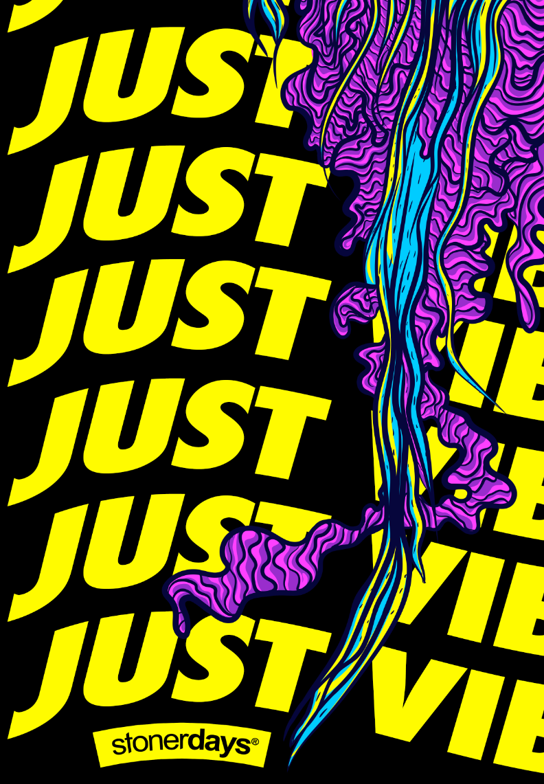 StonerDays Just Vibin' Tank top with vibrant yellow text and psychedelic pattern on black