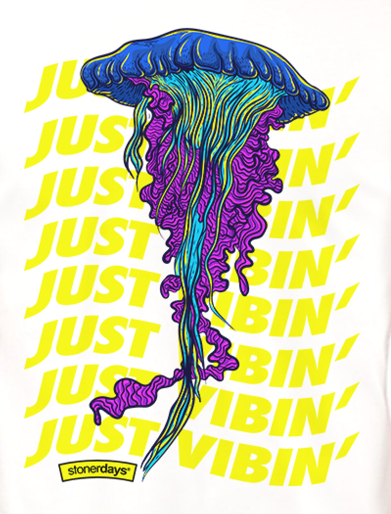 StonerDays Just Vibin' White Tee featuring a vibrant jellyfish design on cotton fabric