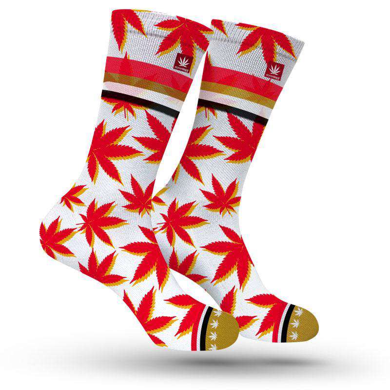 StonerDays Kansas City themed socks with red and yellow leaf pattern, one size fits all