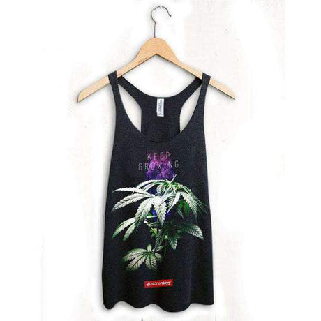 StonerDays Keep Growing Racerback Tank Top in black, front view on hanger, sizes S-XL available