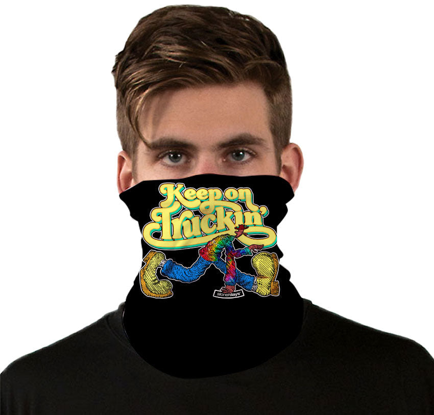 StonerDays Keep On Truckin' Neck Gaiter on model, colorful design, versatile polyester apparel