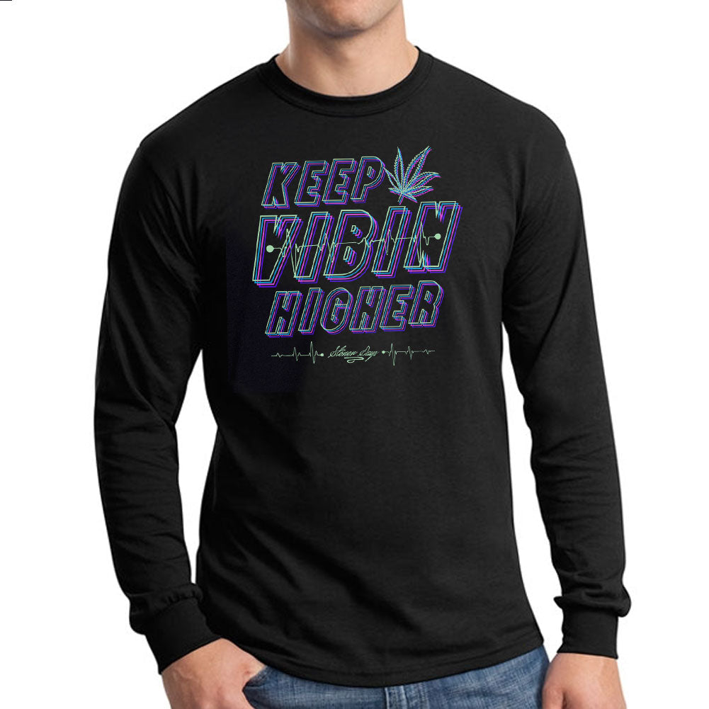 StonerDays Keep Vibin Higher Long Sleeve Shirt in black, front view on male model