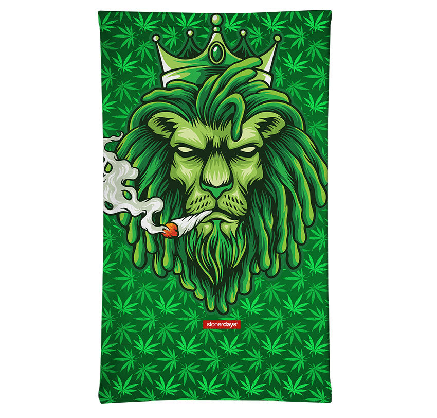 StonerDays King Of The Jungle Gaiter featuring a lion with a crown on green leafy background