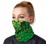 StonerDays King Of The Jungle Gaiter in green with lion and cannabis leaf design, worn on model