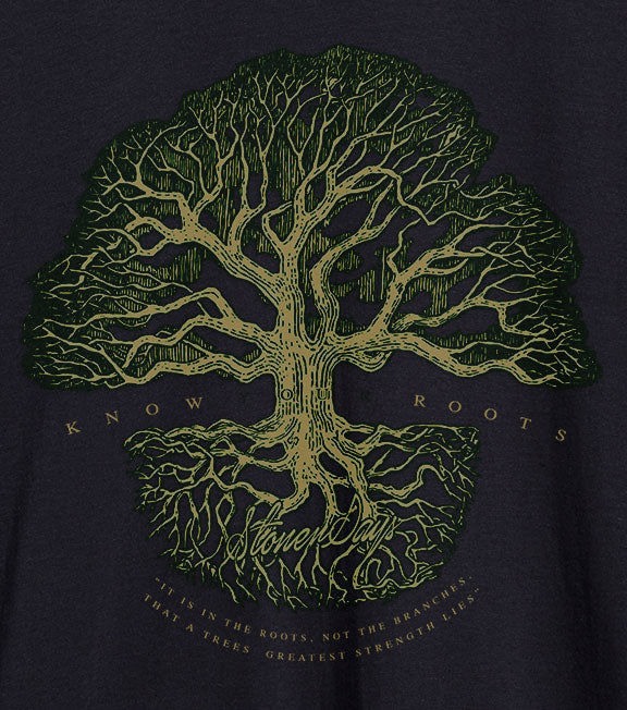 Close-up of StonerDays Know Your Roots Hemp T-shirt with detailed tree graphic