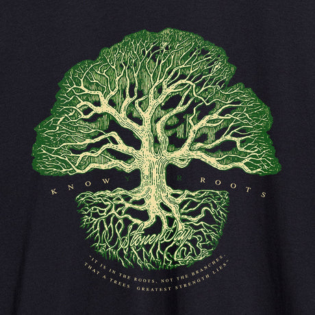 StonerDays Know Your Roots Hoodie close-up, featuring intricate tree graphic on dark fabric