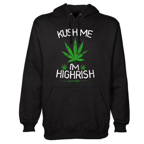 StonerDays Kush Me I'm Highrish Hoodie in black with green leaf graphic, sizes S to 3XL