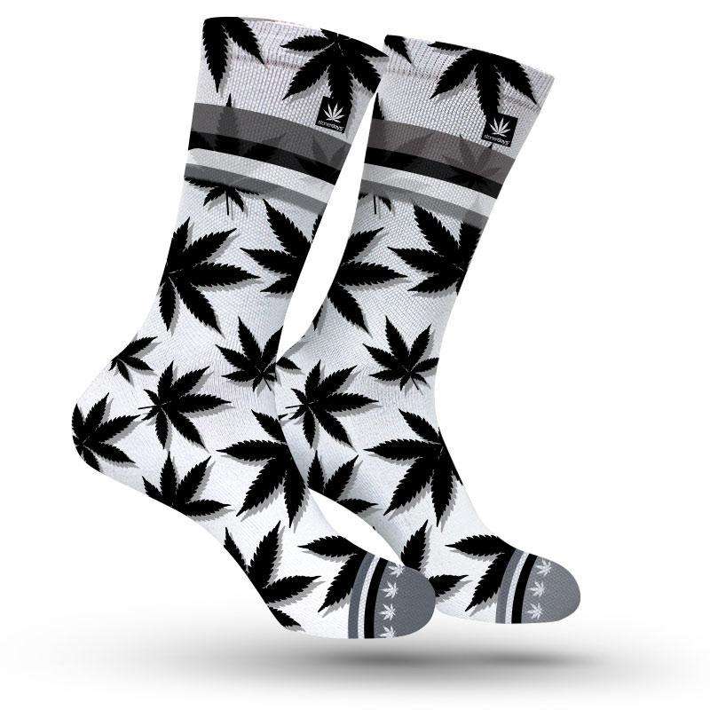 StonerDays Las Vegas Weed Socks in black and silver with cannabis leaf design, front view