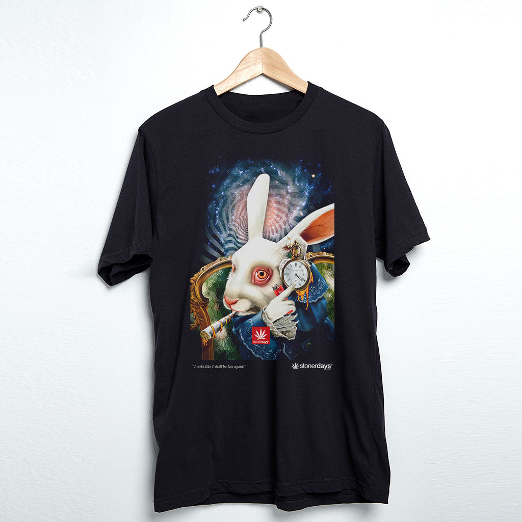 StonerDays Late Again men's black cotton t-shirt with rabbit graphic, front view on hanger