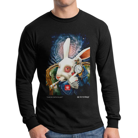 StonerDays Late Again Long Sleeve shirt featuring a graphic rabbit with a clock, front view on a male model