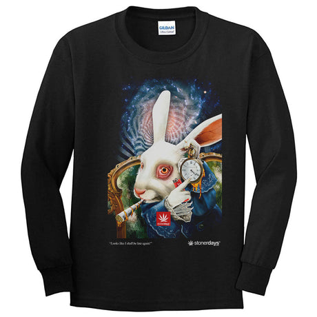 StonerDays Late Again Long Sleeve Shirt featuring a rabbit graphic, front view on a black background.