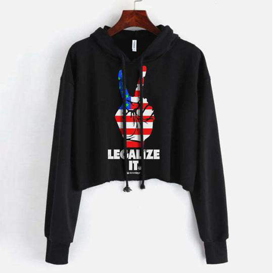 StonerDays Legalize It Cropped Hoodie in black, front view on hanger, with bold graphic design