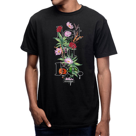 StonerDays Let It Be men's black t-shirt with colorful graphic, front view on model