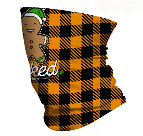 StonerDays Lets Get Baked Gingerbread Gaiter, black and orange checkered pattern, front view