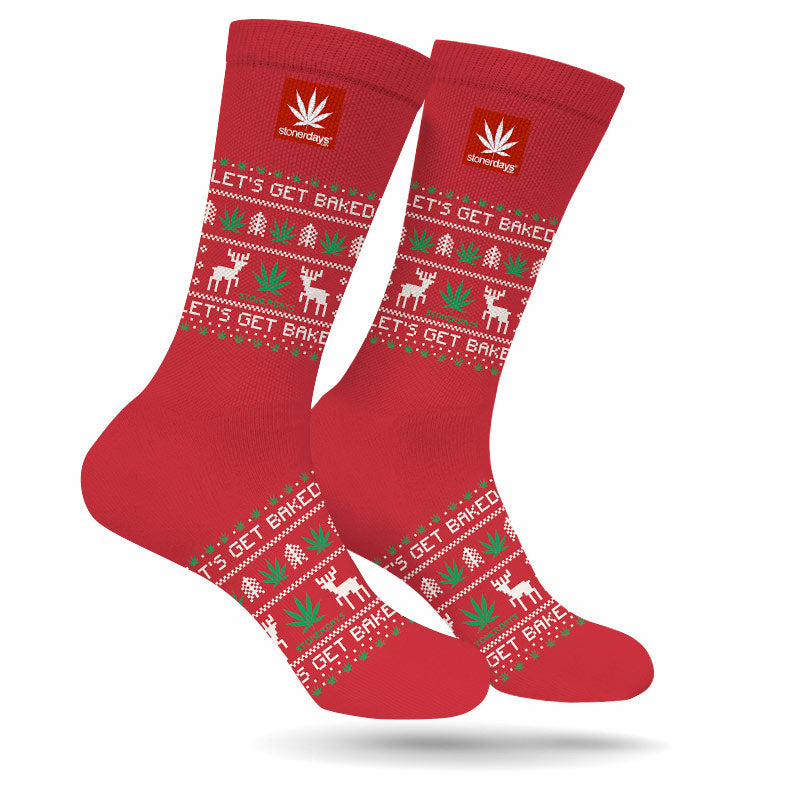 StonerDays Let's Get Baked Ugly Christmas Socks in red with festive cannabis leaf patterns