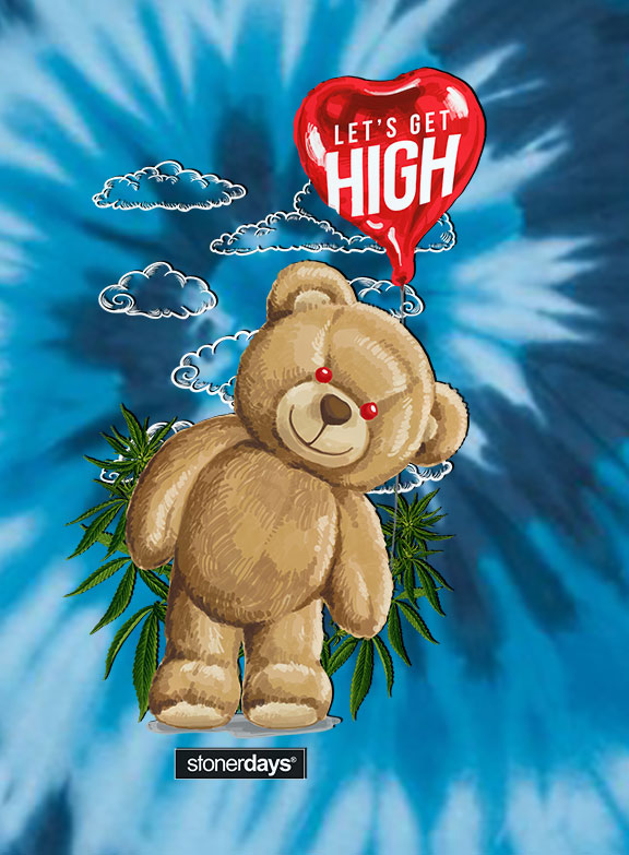 StonerDays Heady Bear T-Shirt in Blue Tie Dye with 'Let's Get High' Balloon Design