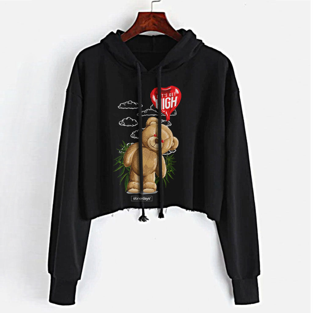 StonerDays Let's Get High Heady Bear Crop Top Hoodie in black, front view on hanger