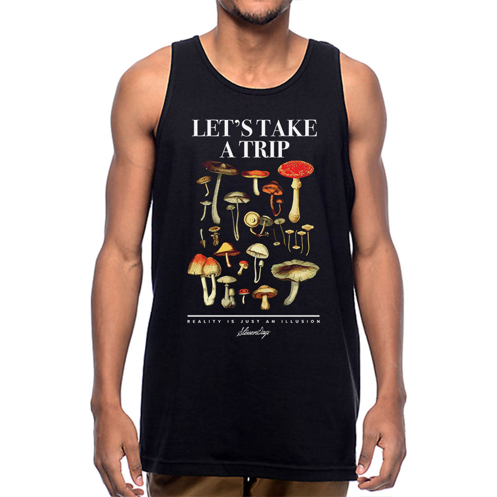StonerDays Let's Take A Trip Tank in black, front view on male model, sizes S to 2XL, cotton blend