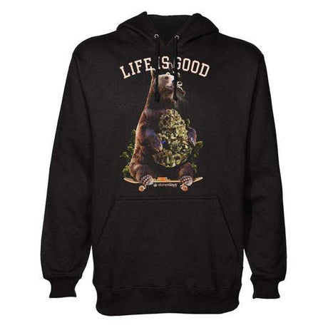 StonerDays Life Is Good Men's Hoodie, black cotton with chillum graphic, front view
