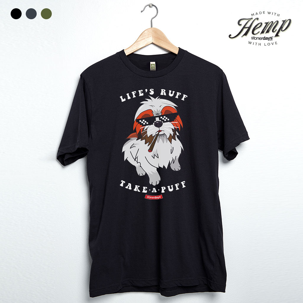 StonerDays Lifes Ruff Take A Puff Hemp Tee in Caviar Black - Front View