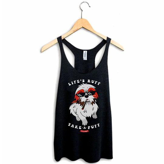 StonerDays Racerback with 'Life's Ruff Take A Puff' design, sizes S to 2XL, front view on hanger
