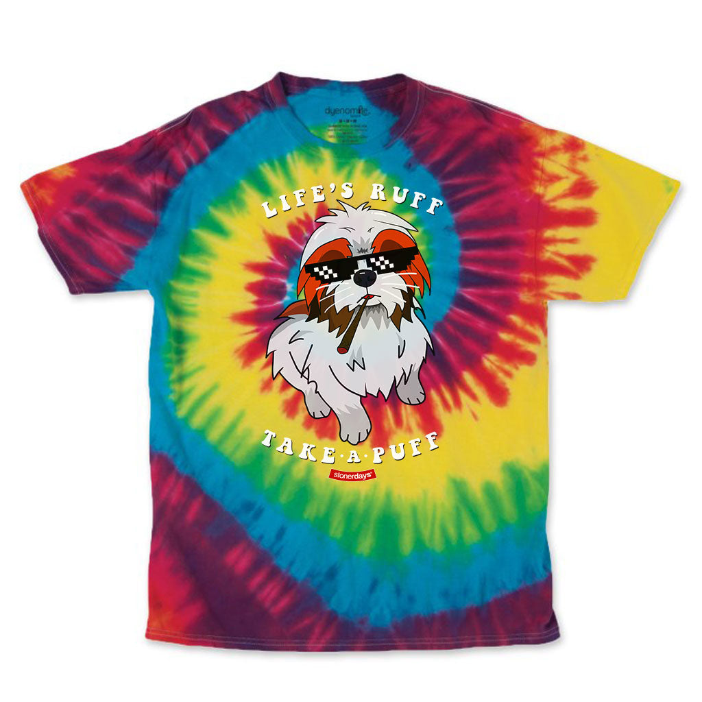 StonerDays Lifes Ruff Take A Puff Tie Dye Tee with vibrant rainbow design, front view on white background