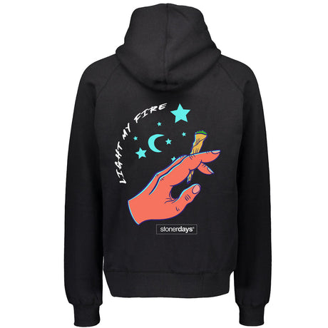StonerDays 'Light My Fire' Hoodie in black with vibrant graphic print, rear view on white background