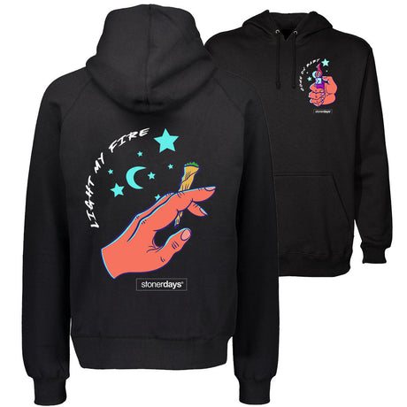 StonerDays Light My Fire Hoodie in black, front and side view with graphic design, sizes S to XXXL