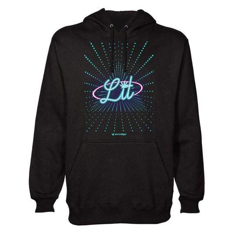 StonerDays Lit Hoodie in black, featuring a vibrant light design, front view, made with cotton, size options available.
