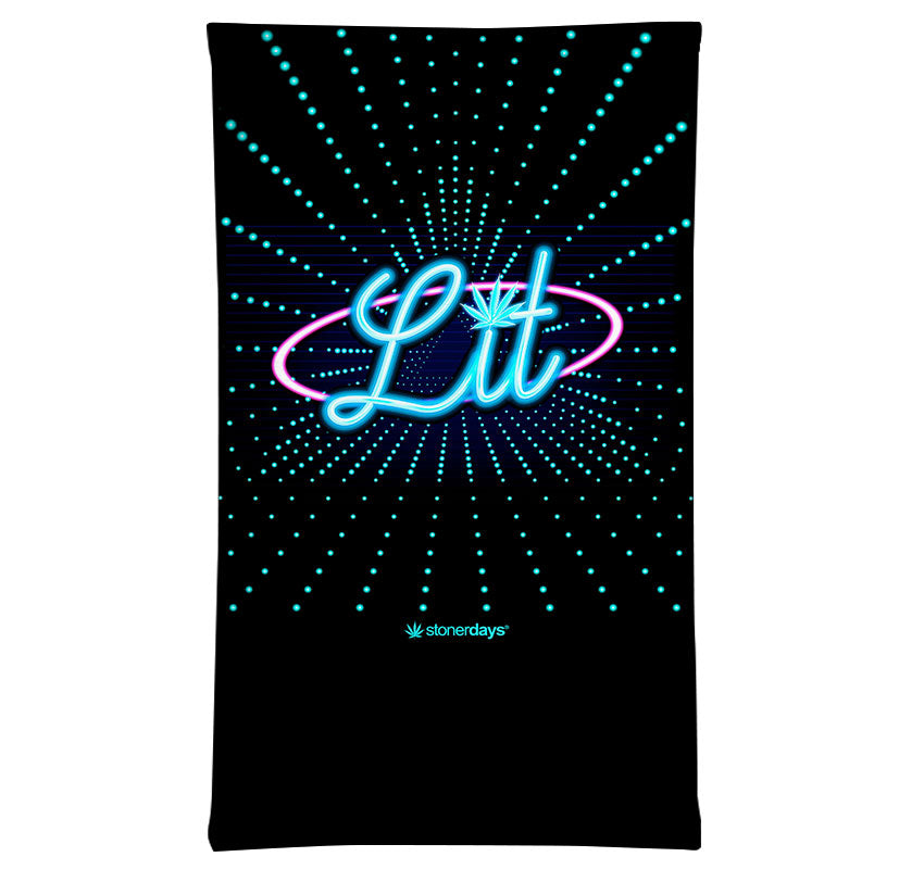 StonerDays Lit OG Stoney Polyester Neck Gaiter with vibrant 'Lit' graphic, front view on white background