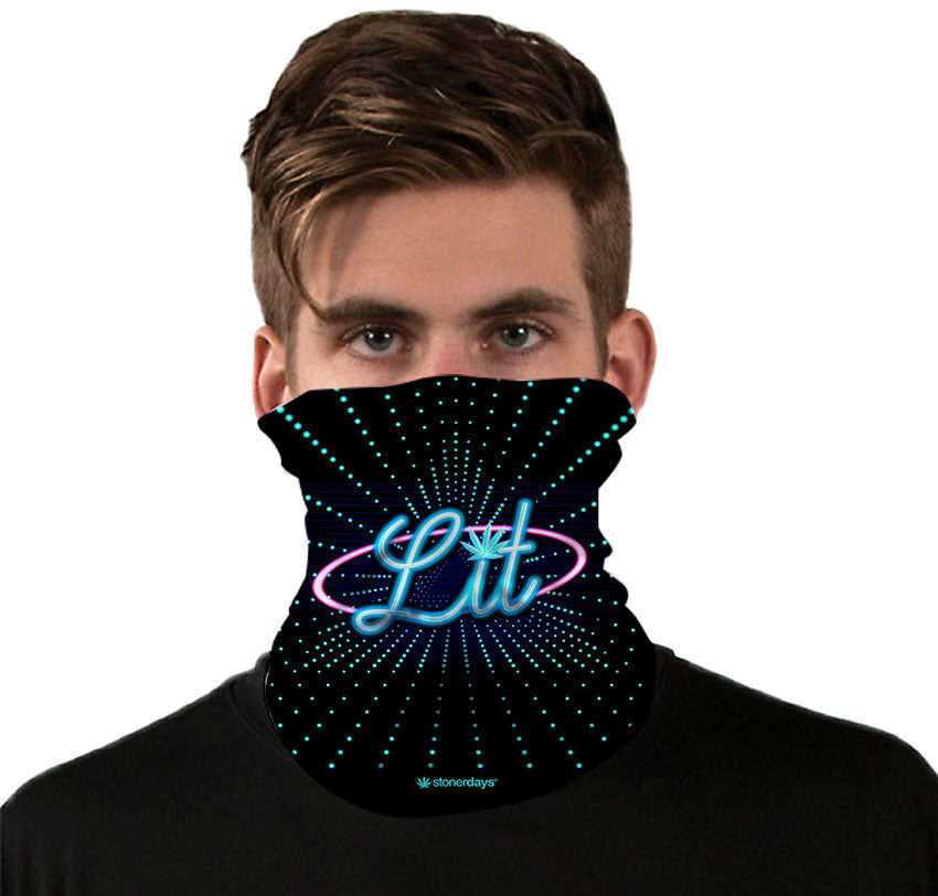 StonerDays Lit OG Stoney Neck Gaiter with vibrant design, worn by model, front view