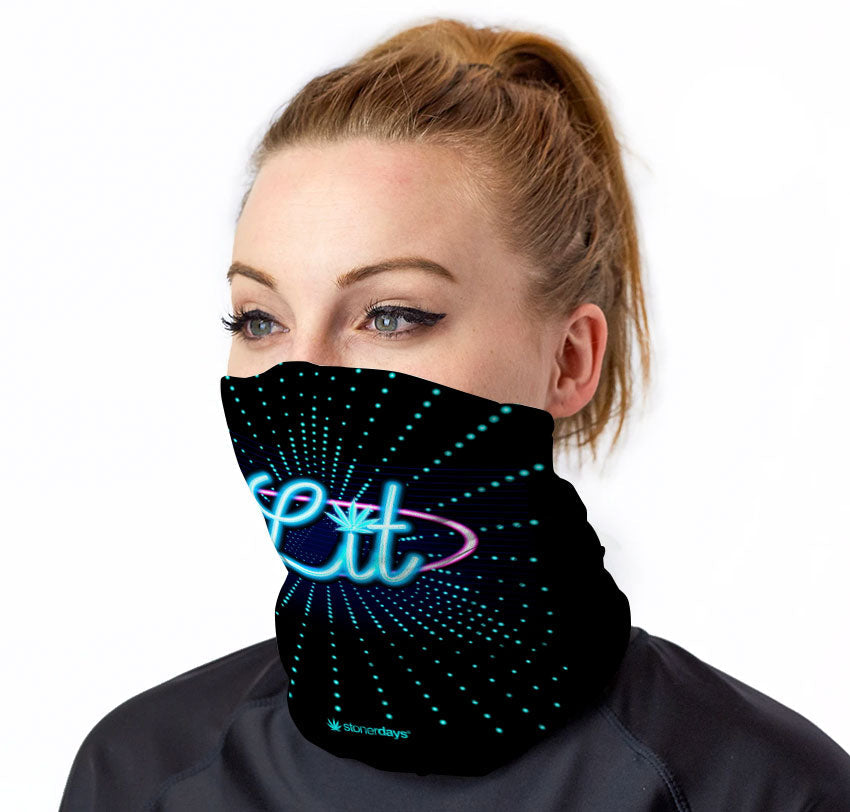 StonerDays Lit OG Stoney Neck Gaiter in black with vibrant graphic, front view on model