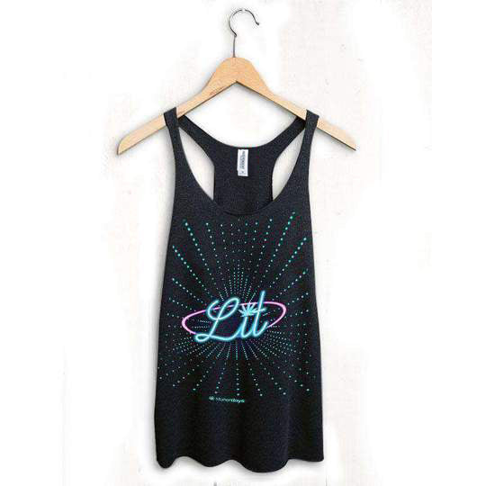 StonerDays Lit Racerback tank top in black with vibrant 'Lit' graphic, sizes S-XL