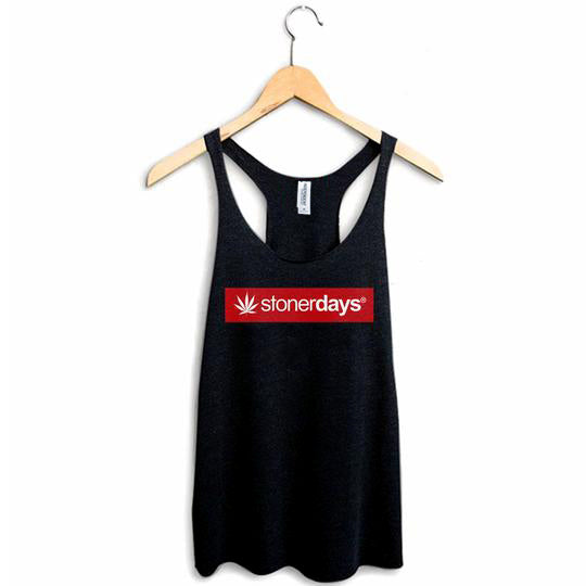 StonerDays Logo Red Racerback Tank Top for Women, displayed on hanger against white background