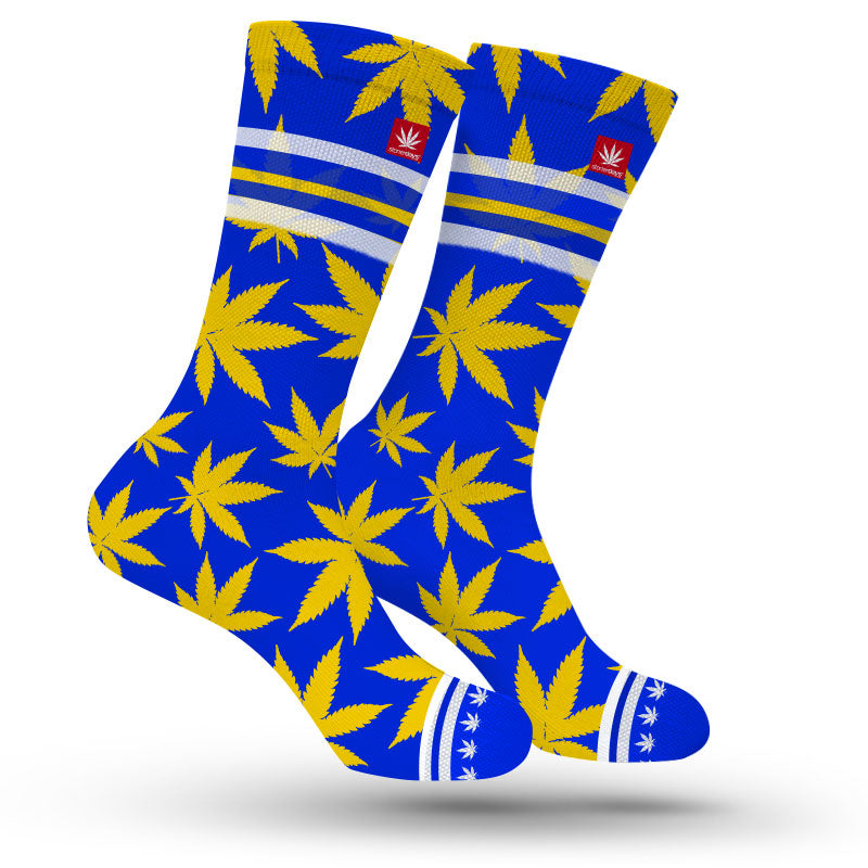 StonerDays Los Angeles themed weed socks in blue with yellow leaf pattern, one size fits all