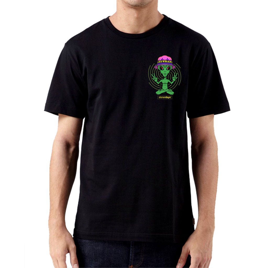 StonerDays Mac-1 men's black cotton t-shirt with green graphic, front view on model