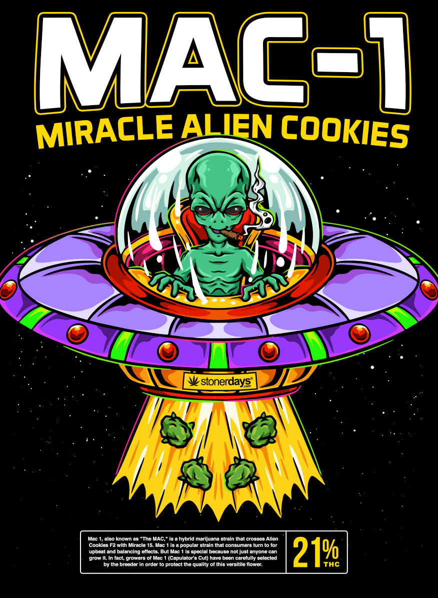 StonerDays Mac-1 T-Shirt design featuring a green alien and UFO on black background
