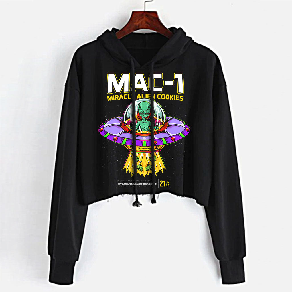 StonerDays Mac-1 Crop Top Hoodie for Women - Front View on Hanger