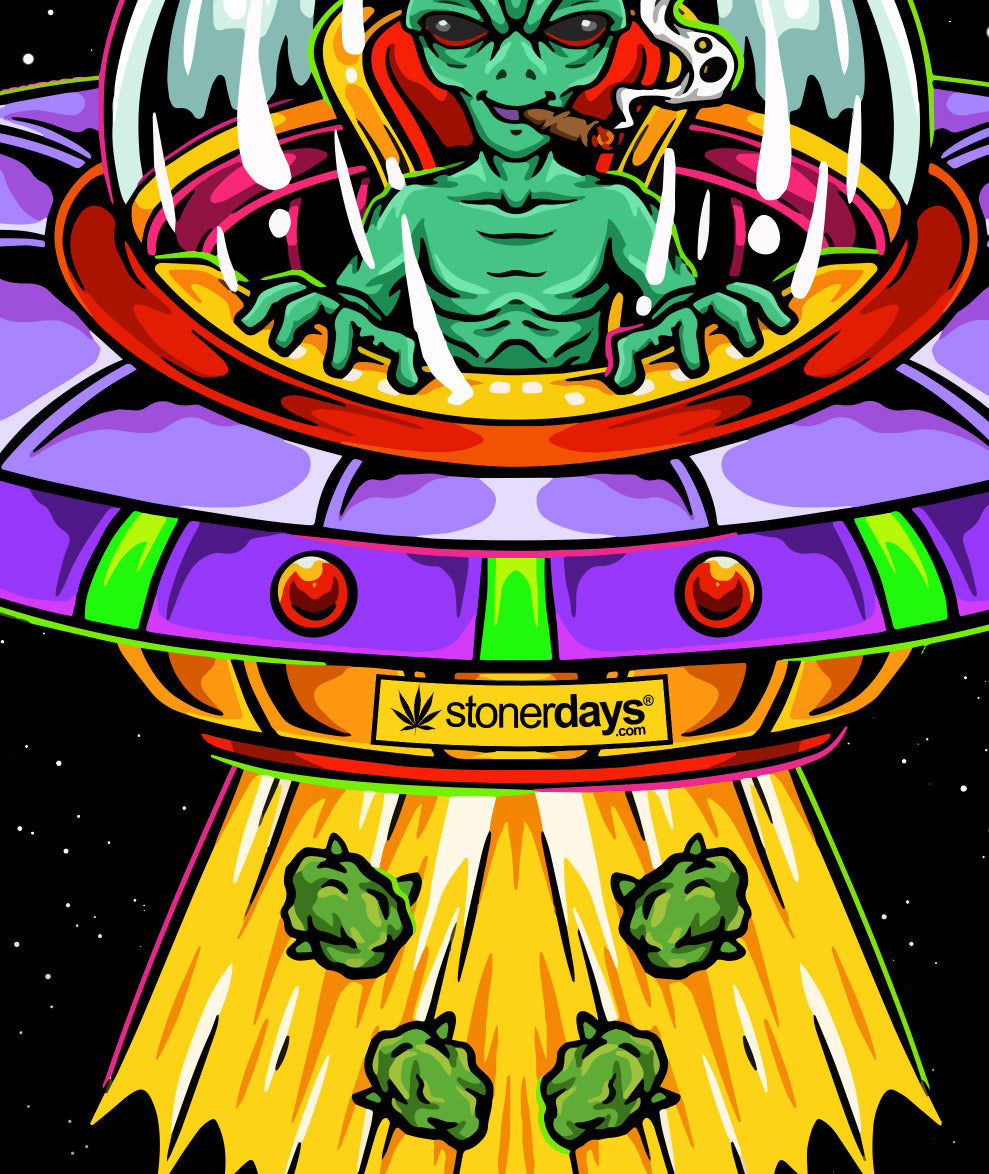 StonerDays Mac-1 Hoodie with vibrant alien and UFO graphic design, front view